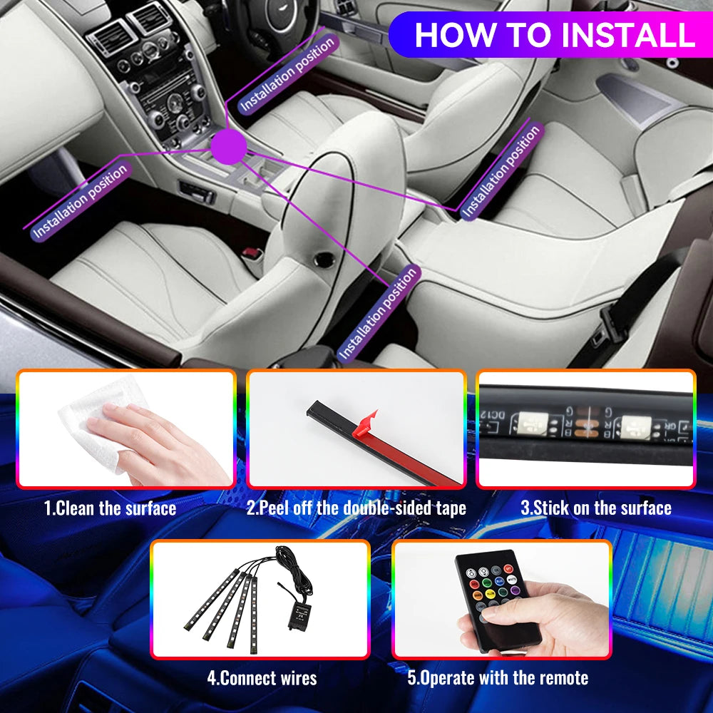Car Interior Light Ambient Light with USB Cigarette Decorative Lamps RGB Car Footwell Light with Remote/Voice Control