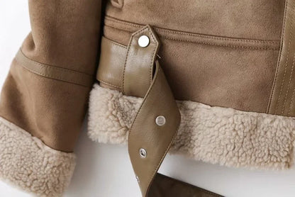 Winter Faux Shearling Sheepskin Fake Leather Jackets Lady Thick Warm Suede Lambs Motorcycle Brown Coats Mujer Chaqueta A407