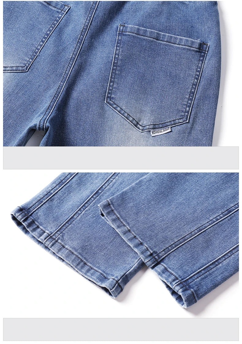 Autumn Winter Blue Jeans Men Drawstring Elastic Waist Cotton Cargo Denim Pants Work Fashion Thick Trousers Male Plus Size M-4XL
