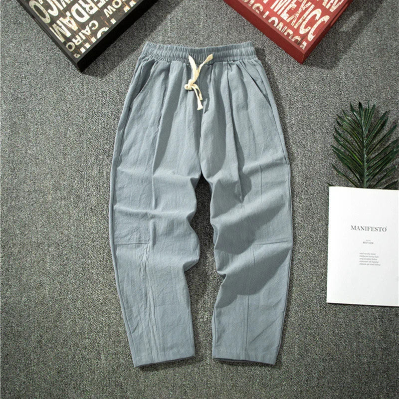 Streetwear Men Cotton Trousers Casual Solid Color Long Pants Breathable Drawstring Straight Pants Harem Pants Men Baggy Pants
