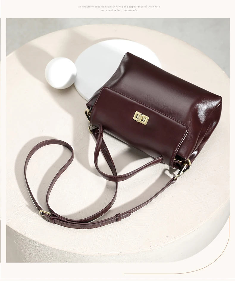 Genuine Leather Top Handle Crossbody Bag for Women Vintage Oil Wax Leather Shoulder Bag Small Luxury Designer Satchel Handbag