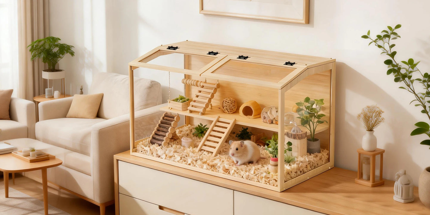 Large Wooden Hamster Cage Clear Tempered Glass Pet Small Animal Habitat Cage Playful Hutch House