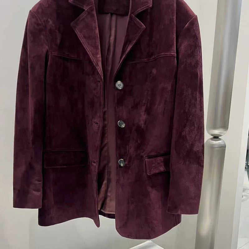 French High-end Western-style Leather Jacket for Women 2026 New Color Purple Red Oversized Casual Kid Suede Suit Blazer Outwears