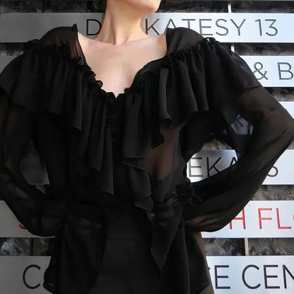 Sexy See-through Chiffon Top V-neck Long Sleeve Beach Party Shirt Trans-seasonal Women's Low Cut Shirt Ruffle Solid Color Tops