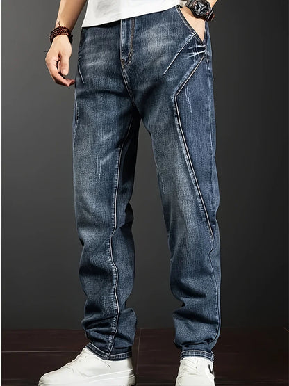 Men's New Straight Leg Stretchable Jeans Casual Pants with Personality Design Comfortable Fit Modern Style