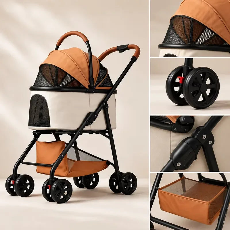 Foldable Pet Stroller Detachable Cabin Large Lower Basket Breathable Mesh Canopy For Cats Small Dogs Portable Travel Carrier