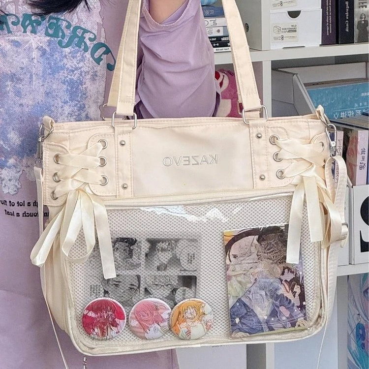 College Style Crossbody Bag with Ribbon Large Capacity for Class Book Carrying Mailman Bag Girls Bow JK Shoulder Ita Bag Handbag