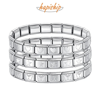 Hapiship 2024 Women's Jewelry 9mm Width Itanlian Elastic Star Heart Butterfly Charm Bracelet Fashion Stainless Steel Bangle ST-