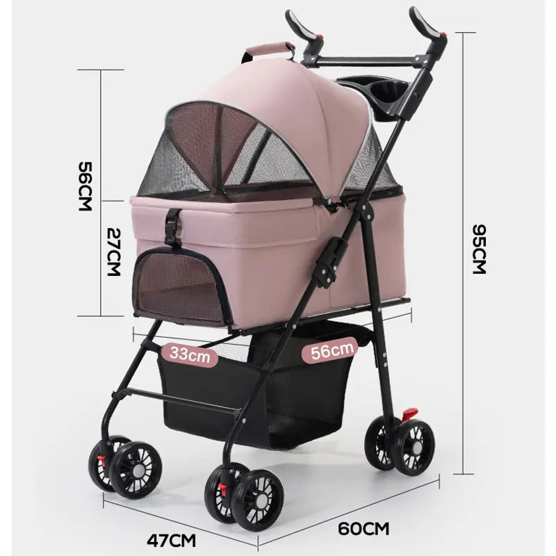 Pet Transport Stroller Dog Cat Portable Foldable Lightweight Detachable 4-Wheel Oxford Mesh Small Medium Push Cart