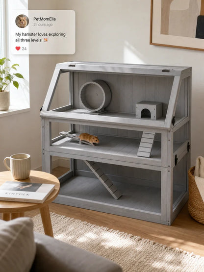Wooden Hamster Cage 3 Story with Deep Base Removable Levels for Small Animals 80x50x76cm Light Gray
