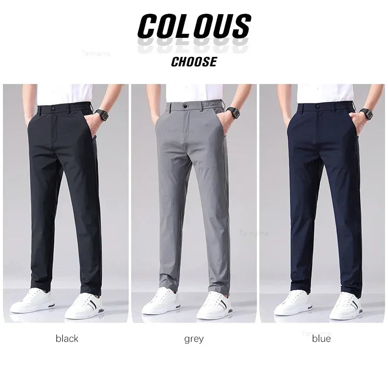 Ultra-thin Elastic Men's Casual Trousers Summer Quick-drying Ice Silk Slim Straight Business Solid Color Y2K Trousers Black Gray
