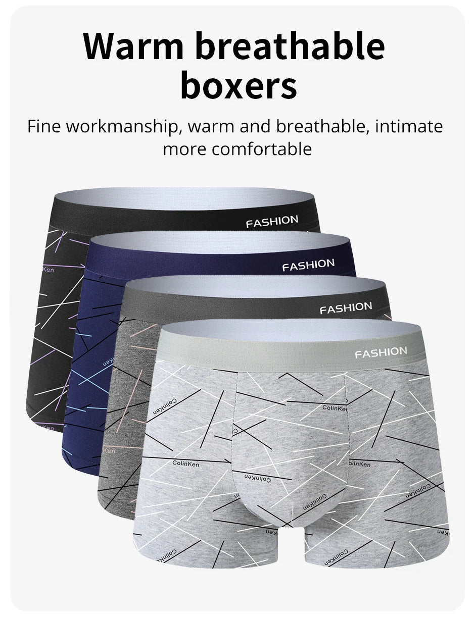 4pcs Men's Underwear, Comfortable, Soft and Fashionable Daily Line Print Intimate Boxer Briefs, Sporty and Breathable Boxers