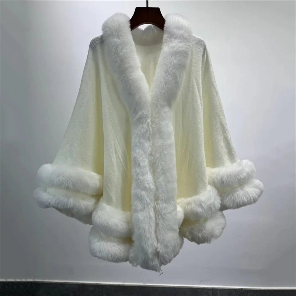 2024 Women 2 Circle Wraps Long Faux Rabbit Fur Cape Poncho Winter Loose Thick Warm Shawl Outerwear Knitted Cloak Overcoat