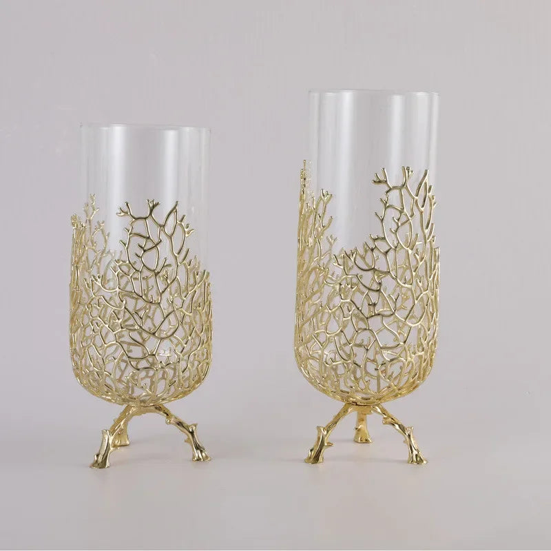 Gold Hollow Coral Vase Transparent Glass Vase Ornament Metal Rack Living Room Hydroponic Flower Arrangement Home Decoration