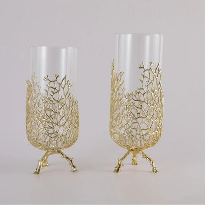 Gold Hollow Coral Vase Transparent Glass Vase Ornament Metal Rack Living Room Hydroponic Flower Arrangement Home Decoration