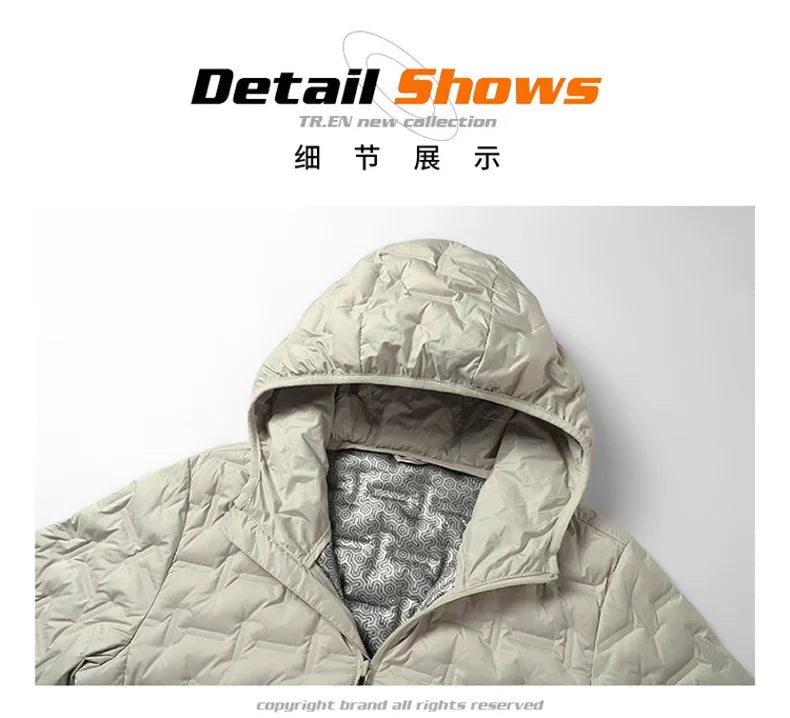 Winter white down jacket men's graphene self heating windproof pleated hooded down jacket casual warm down jacket men's coat