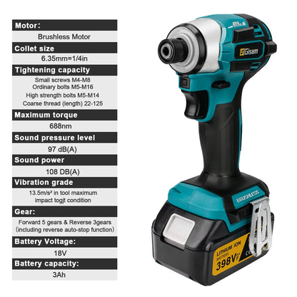 Gisam Cordless Electric Impact Screwdriver 688NM Power Tool Rechargeable Brushless Wrench Driver Kit for Makita 18V Battery Pins