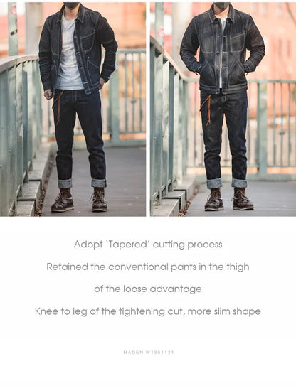 Maden Vintage 14oz Selvedge Raw Denim Jeans Horsehair Leather Patch Straight Fit Jeans Men's Spring and fall Paris Buckle Pants