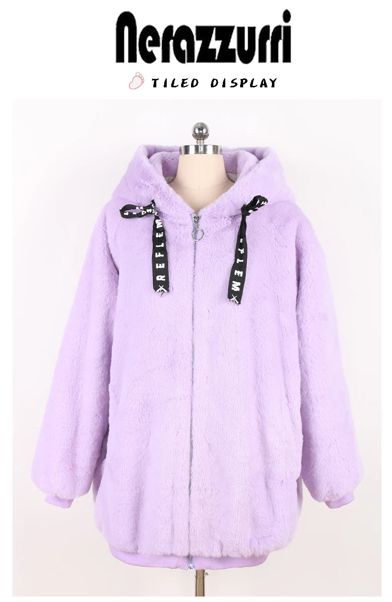 Nerazzurri Autumn Winter Sweet Cute Kawaii Soft Thick Warm Faux Fur Coat Women with Bunny Ears Cute Fluffy Jacket Hoodie 2024