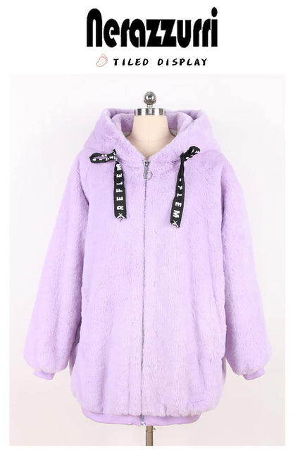 Nerazzurri Autumn Winter Sweet Cute Kawaii Soft Thick Warm Faux Fur Coat Women with Bunny Ears Cute Fluffy Jacket Hoodie 2024
