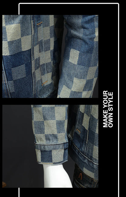 2025 Autumn Vintage Checkered Denim Jacket for Men Flip Collar Single Breasted Casual Business Jacket Social Street Wear Jeans