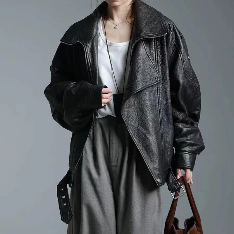New Outerwear Leather Jacket Women American Retro Top Sheepskin Bubble Leather Double Lapel Loose Profile Coffee Locomotive Coat