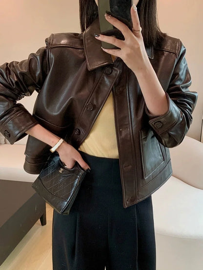 British Style Lapel Genuine Leather Jackets for Women Fashion Single-breasted Pockets Female Brown Casual Short Sheepskin Jacket