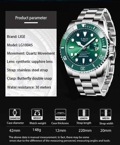 LIGE Top Brand Luxury Fashion Diver Watch Men 30ATM Waterproof Date Clock Sport Watches Mens Quartz Wristwatch Relogio Masculino