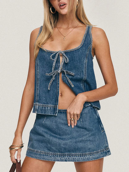 Women's Tie Front Denim Jean Vest Top and Mini Skirt 2-Piece Set Summer Trendy Going Out Outfits Clothes Summer Chic Streetwear
