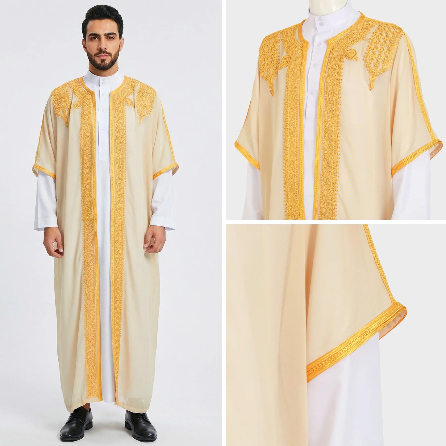 Eid Men Robe Jubba Thobe Open Abaya Dishdasha Islamic Embroidery Cardigan Abayas Dubai Male Muslim Prayer Kaftan Ramadan Morocco