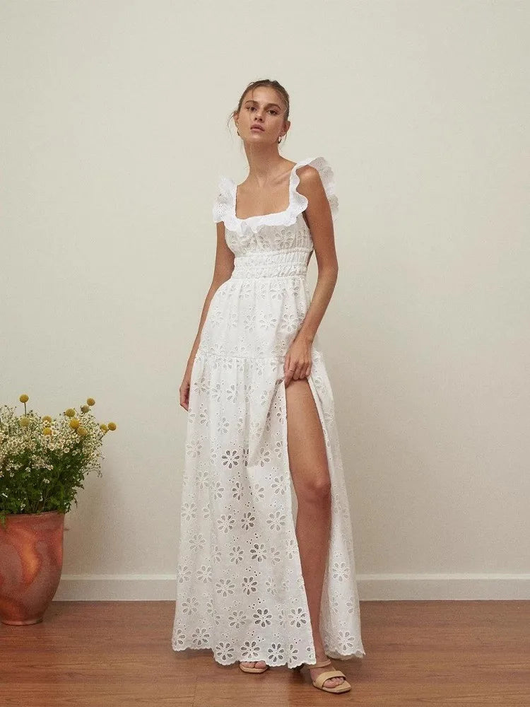 White Embroidered Hollow Out Dress For Women'S Summer Strapless Square Neck With A Unique Open Back Design, Slim Fit Long Skirt