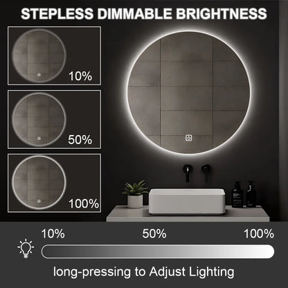 Smart Round Bathroom Mirror With LED Backlit Lights Wall Mounted Mirror 3 Colors Memory Stepless Dimmable Waterpoof IP54 Touch Switch