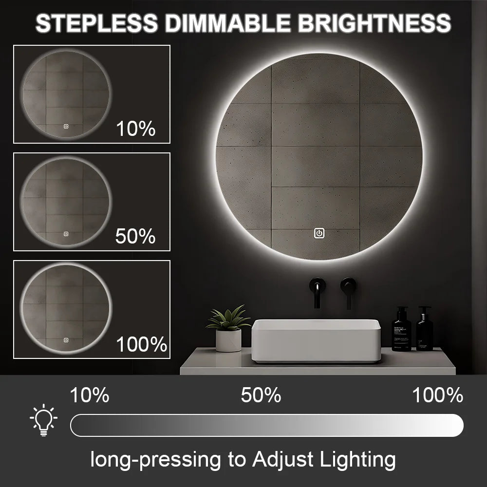 Smart Round Bathroom Mirror With LED Backlit Lights Wall Mounted Mirror 3 Colors Memory Stepless Dimmable Waterpoof IP54 Touch Switch