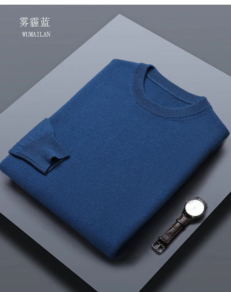 Classic Solid Color Men's O-neck Sweater Autumn Winter 100% Merino Wool Knitted Pullover Long Sleeve Warm Loose Casual Men Tops