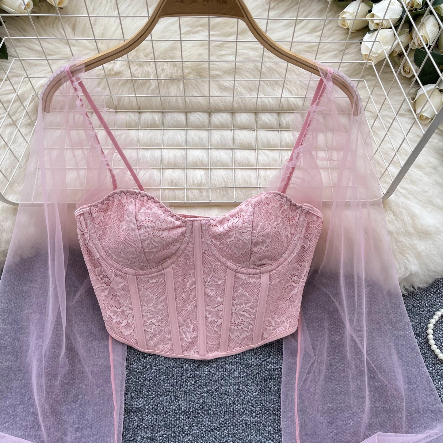 Women Chic Lace Mesh Sheer  Long Sleeve Backless Crop Top Solid Slim Sexy Korean Fashion Summer Women Shirt Square Collar
