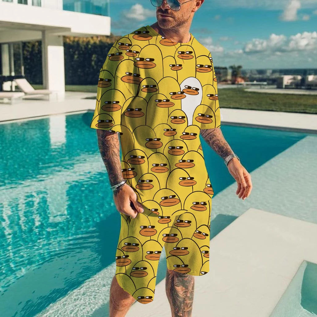 Cute duck 3D printed T-shirt shorts set for men's casual fashion loose short sleeved T-shirt pants set for men's lightweight and