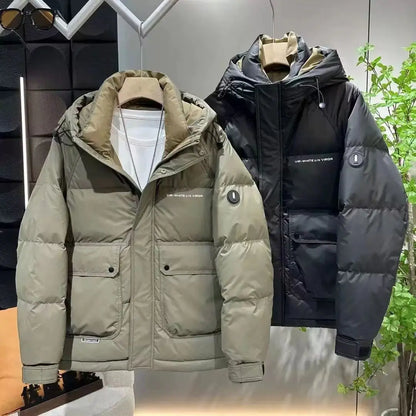 Men's Winter Down Jacket Windproof Thickened Warm Non Washable Hooded White Duck Short Down Coats Trendy Down Puffer Jackets