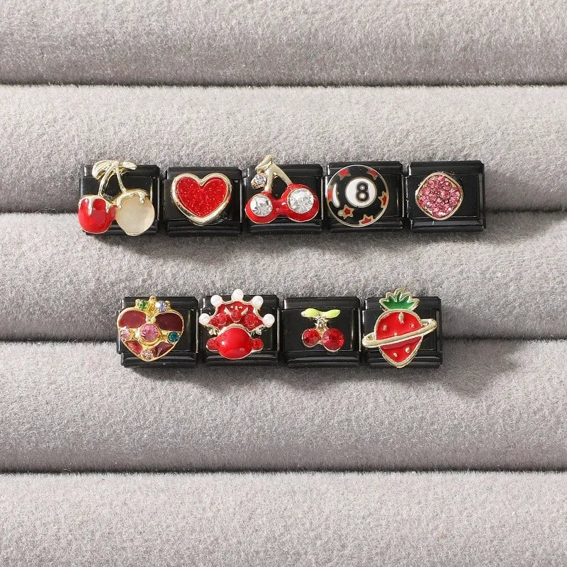 2025 New Original Black Red Stars Love Heart Bows Flower Italian Charm Link Fit 9mm Stainless Steel Jewelry DIY Making Bracelets