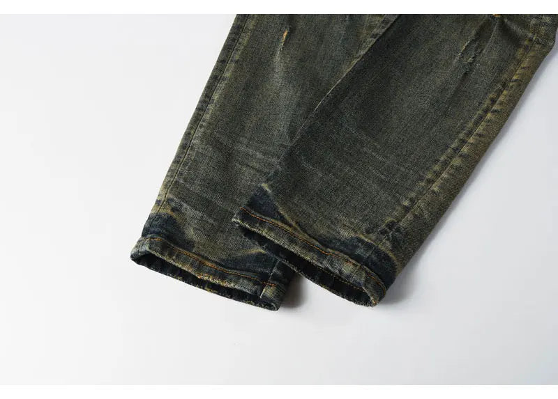 Y2k New Men's Jeans Washed Nostalgic Perforated Black Leather Patch Deep Blue Jeans High Street Designer Hip-Hop Brand High-Qual