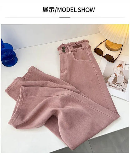 Korean Style Pink Jeans Women Spring Autumn High Waist Raw Edge Straight Denim Pants Simple Gentle All-matched Wide Leg Pants