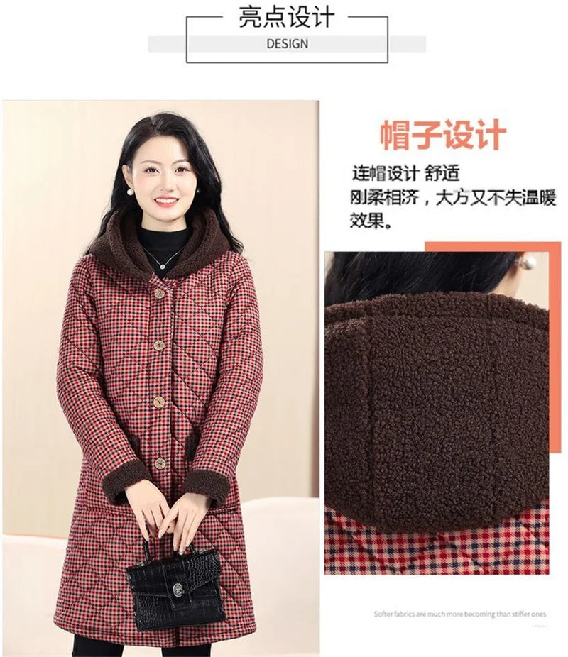 Winter Coat New Vintage Velvet And Thickening Single breasted Cotton Coat for Women Fit Cotton Clip Warm Long Parka Plaid Coat