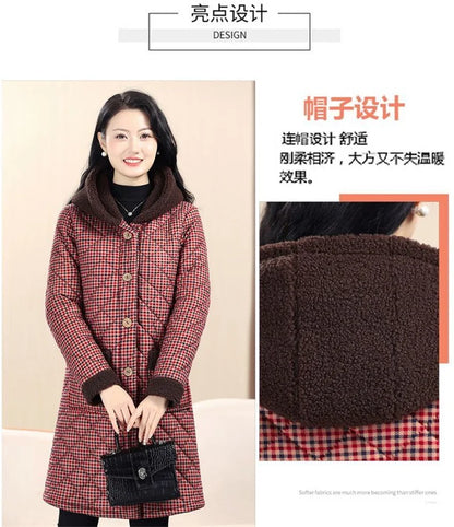 Winter Coat New Vintage Velvet And Thickening Single breasted Cotton Coat for Women Fit Cotton Clip Warm Long Parka Plaid Coat