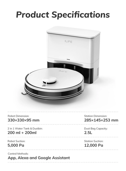 ILIFE A30 Pro Robot Vacuum Cleaner with Automatic Self-Emptying Station, 5000Pa Strong Suction, LDS Navigation, 180min Runtime, 2-in-1 Mop and Sweep , APP Control ，Home Floor Carpet Clean