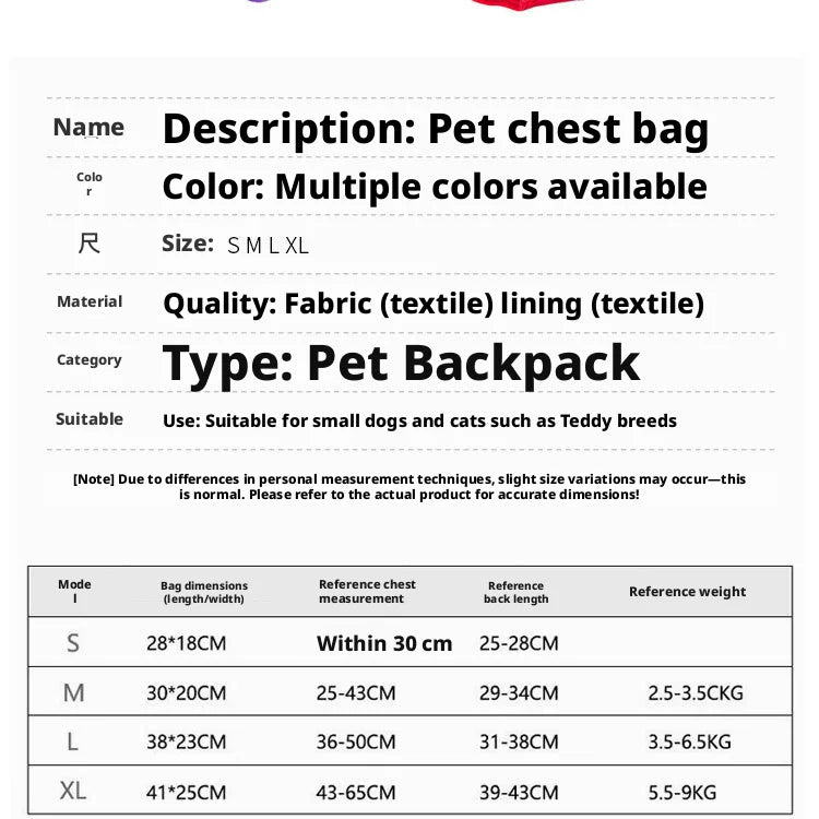 Breathable Pet Dog Cat Chest Carrier Backpack Hands-free Outdoor Travel Bag for Small Pets