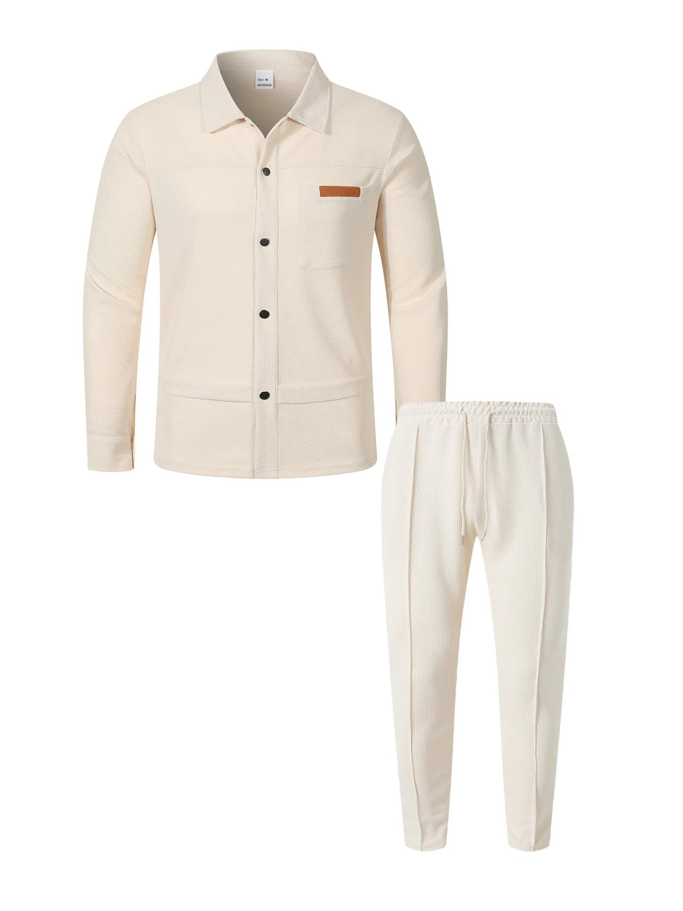 Spring and Autumn Men's High-Quality Waffle Pure Color Placket Pocket Jacket Set - A Stylish and Casual Two-Piece Outfit