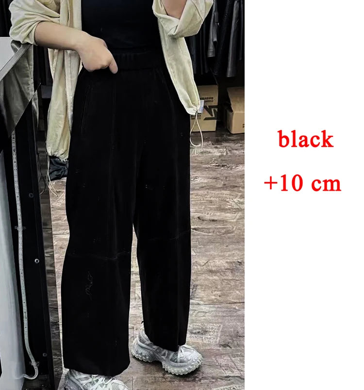 Retro Suede Leather Cropped Pants for Women Femae Genuine Leather Wide Leg Floor Long Trousers Straight Cylinder Spodnie Damskie