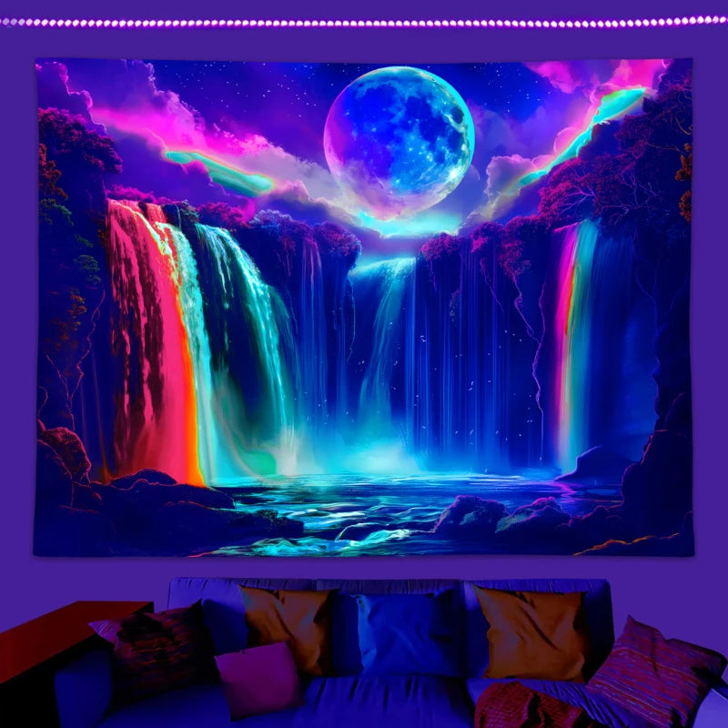 1PC Colorful Waterfall UV Response tapestry, Moon Night Sky Natural Landscape Black Light Home Decoration tapestry