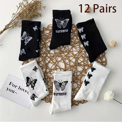 3/6/7 Pairs of Women Mid Length Stockings Set in Black And White With Butterfly Pattern Popular and versatile Sweat Absorption