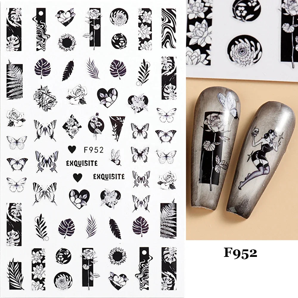 Black and White Love Flowers Line Art 3D Stickers Nail Decals Nail Art Accessories Butterfly Rose Nail Stickers Nail Sliders