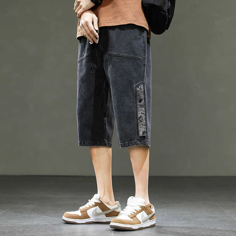 Korean Style Men's Long Shorts 3/4 Length Denim Bermuda Male Big Plus Large Size Jeans Fashion Below Knee Streetwear Loose Baggy